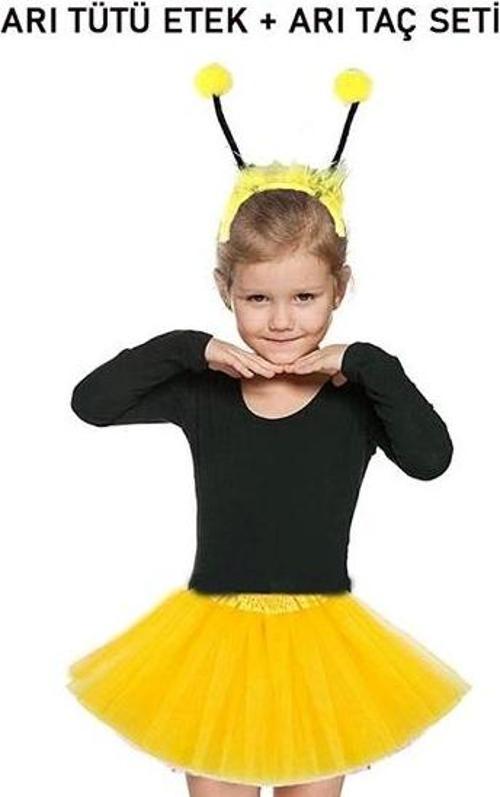 NessiWorld Gösteriler İçin Sarı Arı Tütü Etek ve Sarı Ponponlu Arı Taç Seti