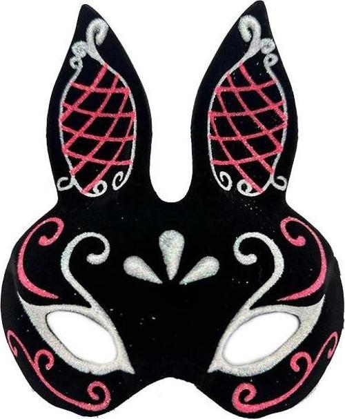 NessiWorld Siyah Renk Kırmızı Beyaz Simli Siyah Süet Kaplama Tavşan Maskesi 18x16 cm