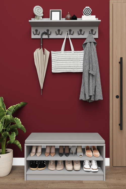 MDF Puflu Ayakkabılık ve Askılık – 90 cm Portmanto Seti, Modern, 2 Raflı, A-34