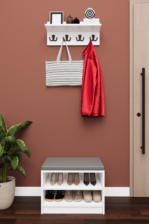 MDF Puflu Ayakkabılık ve Askılık – 60 cm Portmanto Seti, Modern, 2 Raflı, A-33