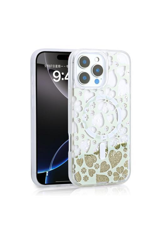 İphone 16 Pro Uyumlu Kılıf Sıvılı Simli Baskılı Şeffaf Arka Yüzey Zore Mossa Silikon Kapak-Gold