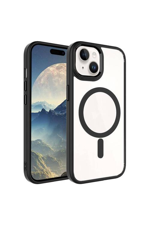 İphone 15 Plus Uyumlu Wireless Şarj Özellikli Zore Krom Magsafe Silikon Kılıf-Siyah