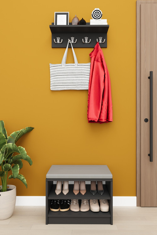MDF Puflu Ayakkabılık ve Askılık – 60 cm Portmanto Seti, Modern, 2 Raflı, A-33
