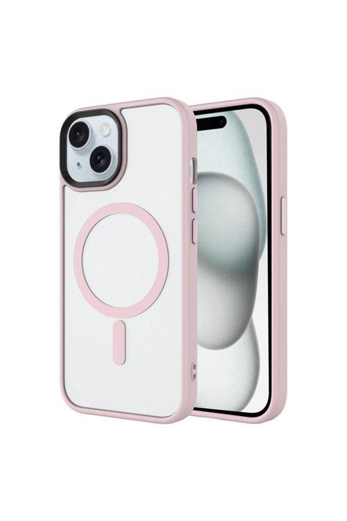 İphone 15 Plus Uyumlu Mat Arka Yüzey Wireless Şarj Özellikli Zore Flet Magsafe Kılıf-Pembe