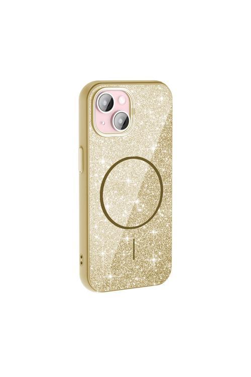 İphone 15 Plus Kılıf Magsafe Şarj Özellikli Parlayan Simli Zore Okso Kapak - Gold