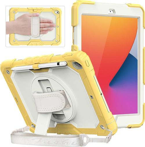 iPad 2021 9.Nesil 10.2" Strap Ekran Koruyuculu Tablet Kılıfı Askılı Kalemlikli  Anti-Darbe 360°Döner Kılıf
