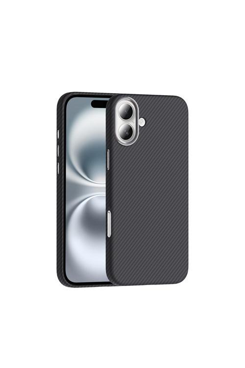 İphone 16 Plus Kılıf Magsafe Şarj Özellikli Karbon Fiber Görünümlü Kth Gros Kapak - Siyah