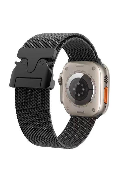 Apple Watch 7 45Mm Zore Krd-25 Metal Hasır Kordon-Siyah