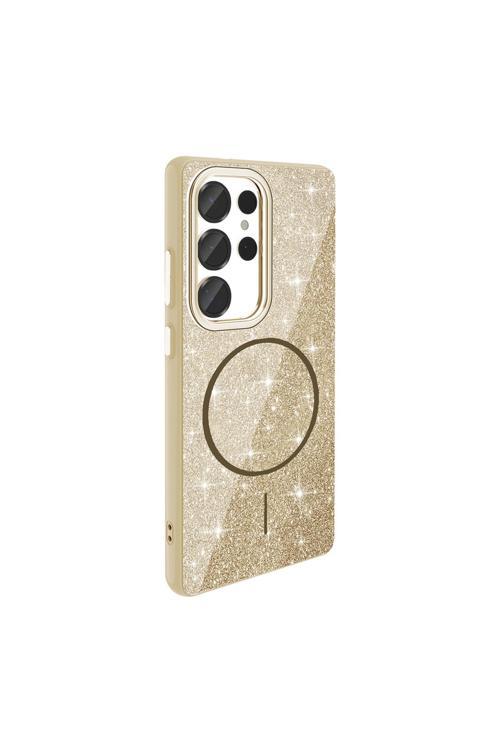 Galaxy S25 Ultra Kılıf Magsafe Şarj Özellikli Parlayan Simli Okso Kapak - Gold