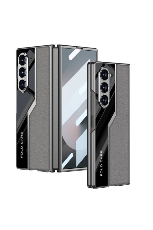 Galaxy Z Fold 6 Kılıf Ultra İnce Kamera Korumalı Pc + Deri Arka Yüzey Zore Kıpta Poligan Kapak-Gri