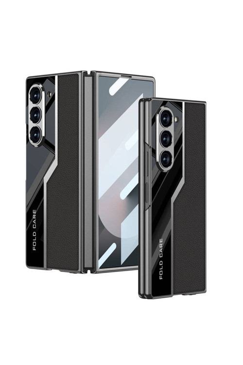 Galaxy Z Fold 6 Kılıf Ultra İnce Kamera Korumalı Pc + Deri Arka Yüzey Zore Kıpta Poligan Kapak-Siyah