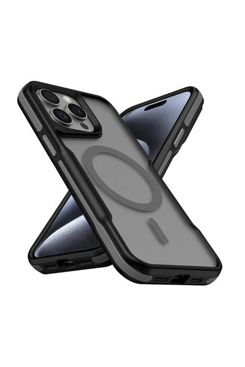 İphone 15 Pro Max Uyumlu Magsafe Şarj Özellikli Renkli Kenar Airbag Şeritli Zore Lamer Kapak-Gri
