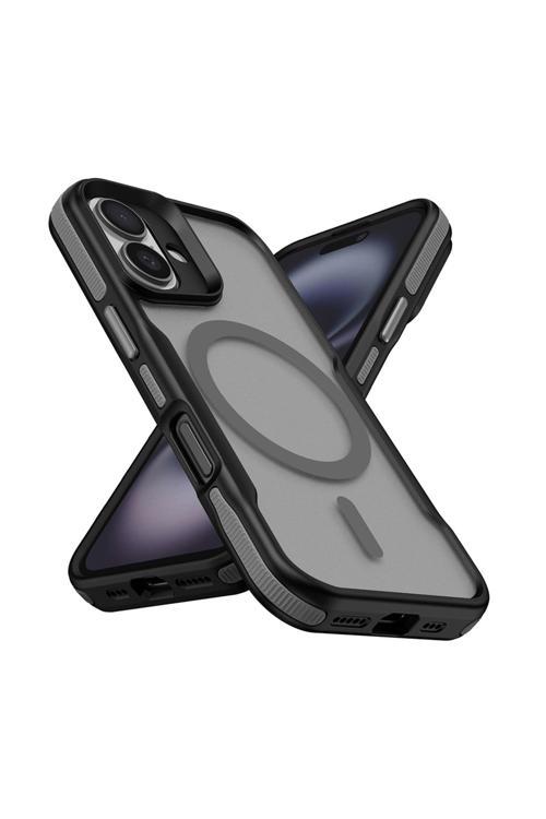 İphone 16 Uyumlu Magsafe Şarj Özellikli Renkli Kenar Airbag Şeritli Zore Lamer Kapak-Gri