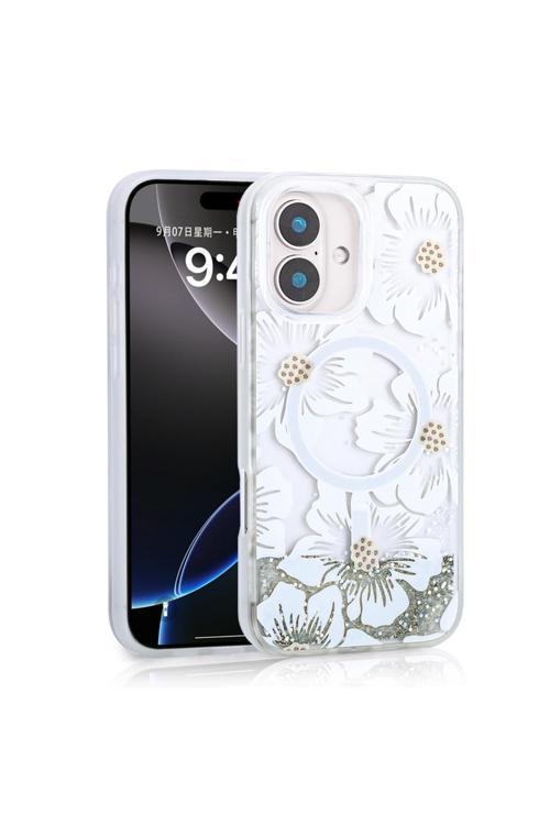 İphone 16 Uyumlu Kılıf Sıvılı Simli Baskılı Şeffaf Arka Yüzey Zore Mossa Silikon Kapak-Gri