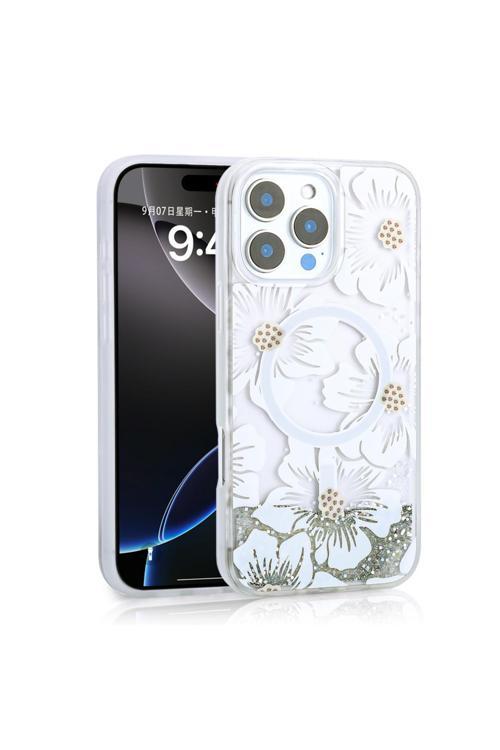 İphone 16 Pro Uyumlu Kılıf Sıvılı Simli Baskılı Şeffaf Arka Yüzey Zore Mossa Silikon Kapak-Gri