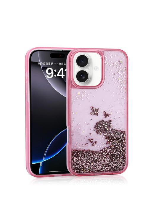 İphone 16 Uyumlu Kılıf Sıvılı Simli Şeffaf Arka Yüzey Zore Keto Silikon Kapak-Pembe
