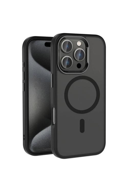Apple İphone 16 Pro Kılıf Magsafe Şarj Özellikli Parlak Kamera Çerçeveli Zore Kost Kapak-Siyah