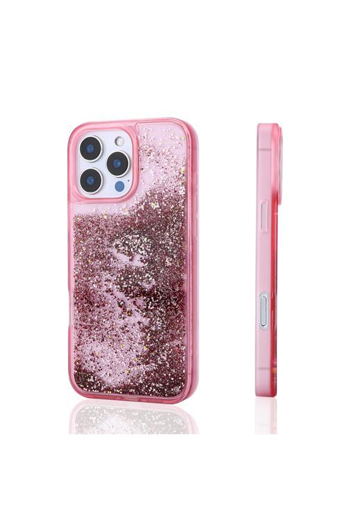 İphone 16 Pro Uyumlu Kılıf Sıvılı Simli Şeffaf Arka Yüzey Zore Keto Silikon Kapak-Pembe