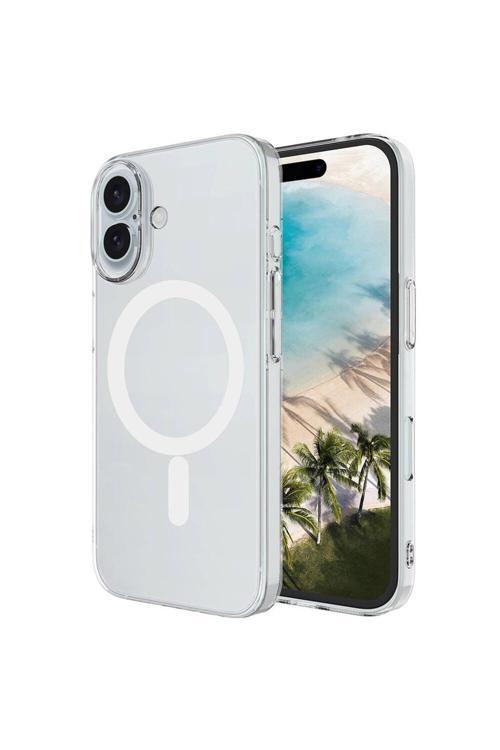Apple İphone 16 Plus Kılıf Magsafe Şarj Özellikli Şeffaf Tek Kamera Çerçeveli Porto Kapak-Şeffa