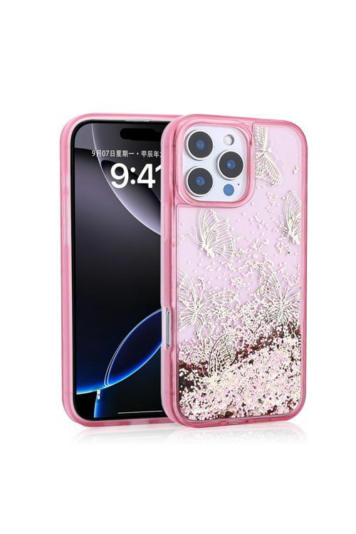 İphone 16 Pro Uyumlu Kılıf Sıvılı Simli Kelebek Baskılı Şeffaf Arka Yüzey Zore Glis Silikon Kapak-Pe