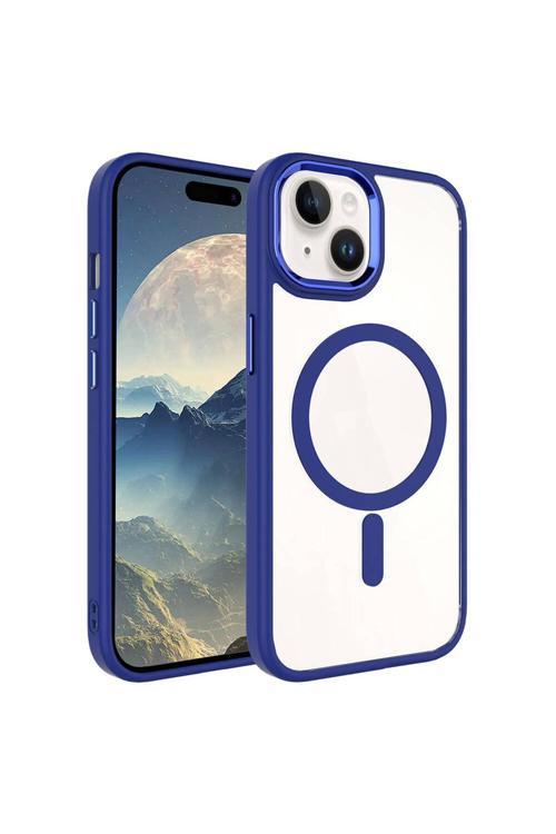 İphone 15 Plus Uyumlu Wireless Şarj Özellikli Zore Krom Magsafe Silikon Kılıf-Lacivert