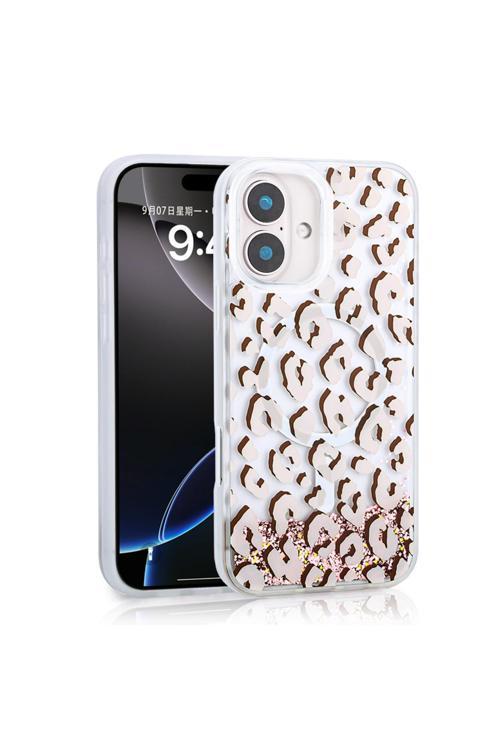 İphone 16 Uyumlu Kılıf Sıvılı Simli Baskılı Şeffaf Arka Yüzey Zore Mossa Silikon Kapak-Pembe