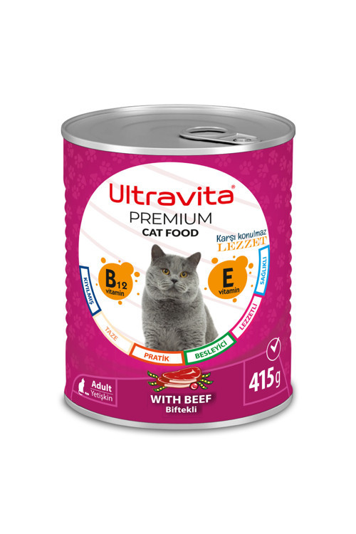 Premium Yüksek Proteinli Sığır Etli Konserve Yaş Kedi Maması 415Gr 1 Adet