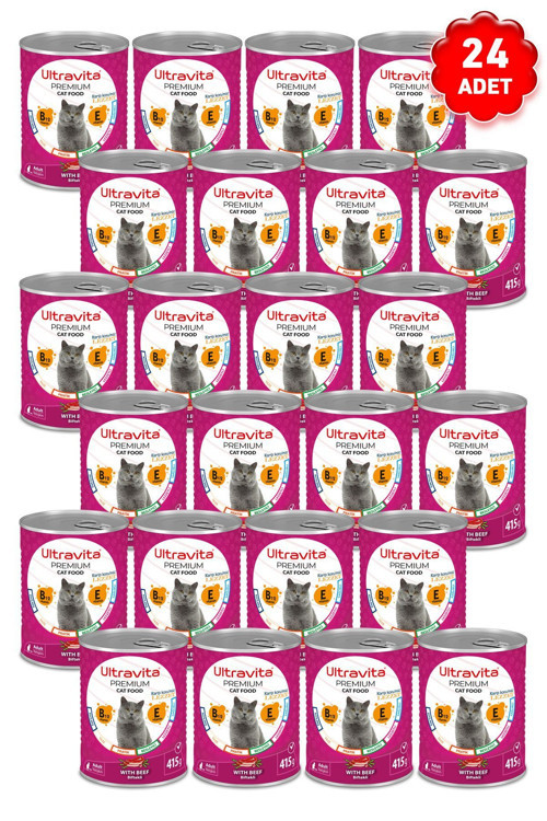 Premium Yüksek Proteinli Sığır Etli Konserve Yaş Kedi Maması 415Grx24 Adet