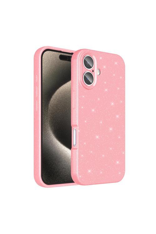 İphone 16 Plus Kılıf Kamera Korumalı Simli Lüks F10T Koton Kapak - Açık Pembe