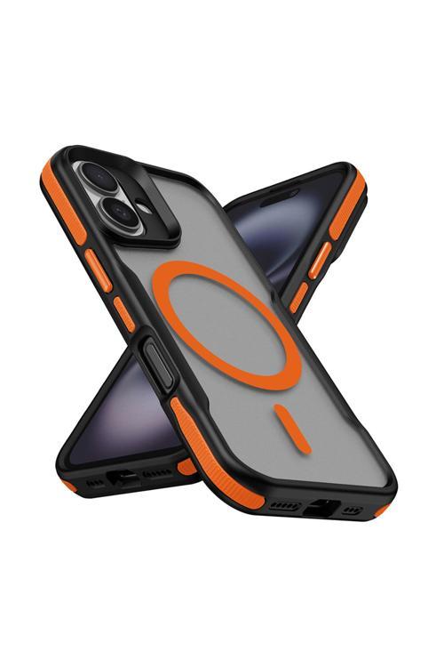İphone 16 Uyumlu Magsafe Şarj Özellikli Renkli Kenar Airbag Şeritli Zore Lamer Kapak-Turuncu