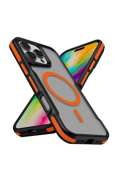 İphone 16 Pro Uyumlu Magsafe Şarj Özellikli Renkli Kenar Airbag Şeritli Zore Lamer Kapak-Turuncu