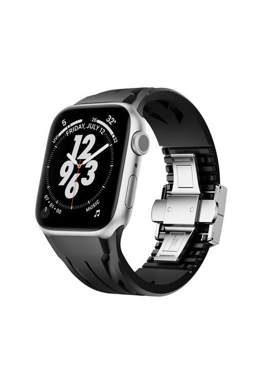 Apple Watch 44Mm Krd-127 Metal Tokalı Silikon Kordon-Siyah