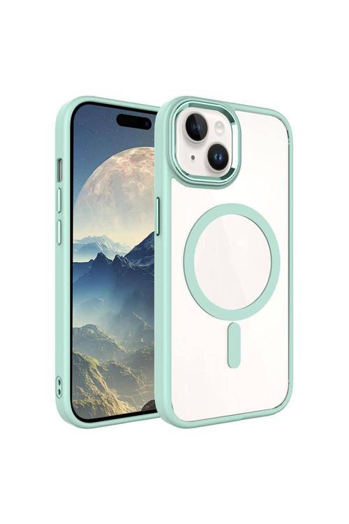 İphone 15 Plus Uyumlu Wireless Şarj Özellikli Zore Krom Magsafe Silikon Kılıf-Yeşil