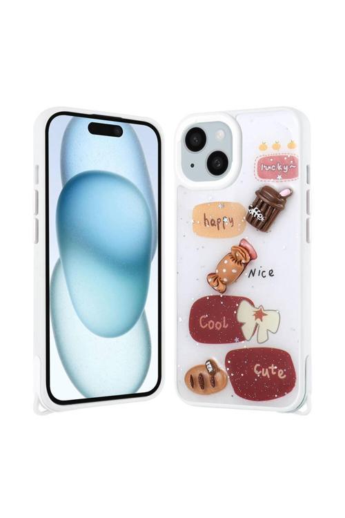 İphone 15 Plus Kılıf Parlayan Sıvılı Simli Kabartma Figürlü Zore Cevze Kapak-Beyaz