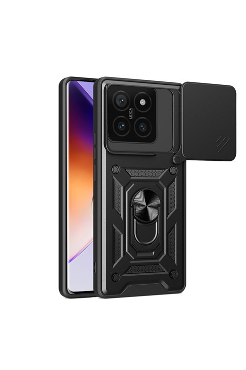 Xiaomi 14T Uyumlu Kılıf Magnetik Standlı Kamera Korumalı Zore Sürgülü Vega Kapak-Siyah