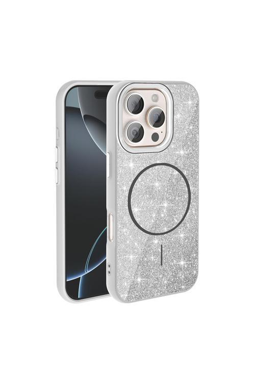 İphone 16 Pro Kılıf Magsafe Şarj Özellikli Parlayan Simli Zore Okso Kapak - Beyaz