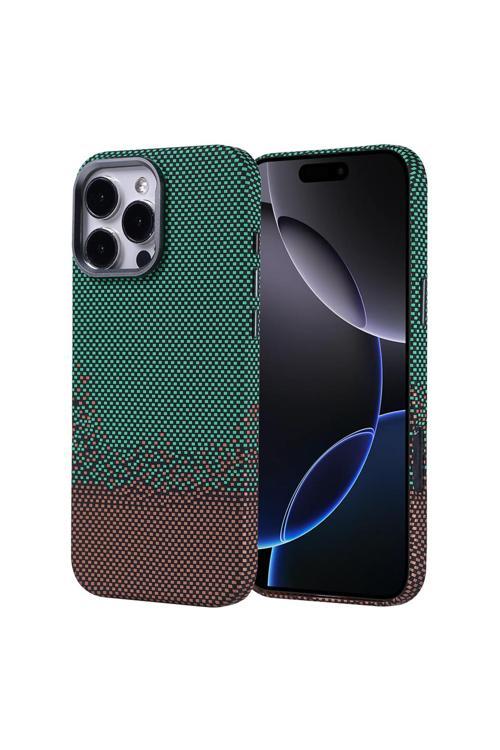 İphone 16 Pro Kılıf Magsafe Şarj Özellikli Karbon Fiber Görünümlü Zore Nekst Kapak - Yeşil