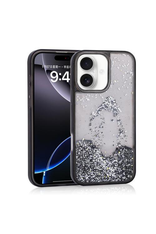 İphone 16 Uyumlu Kılıf Sıvılı Simli Şeffaf Arka Yüzey Zore Keto Silikon Kapak-Siyah
