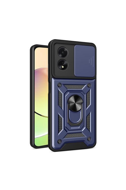 Oppo A38 Uyumlu Magnetik Standlı Kamera Korumalı Zore Sürgülü Vega Kapak-Mavi