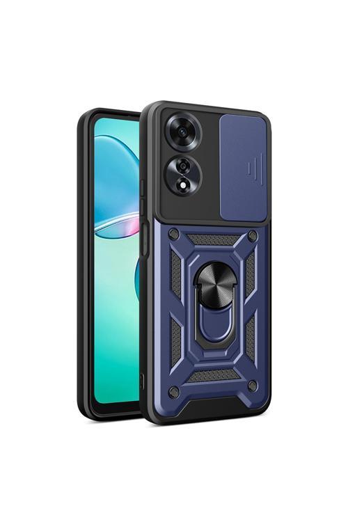 Oppo A60 Uyumlu Magnetik Standlı Kamera Korumalı Zore Sürgülü Vega Kapak-Mavi