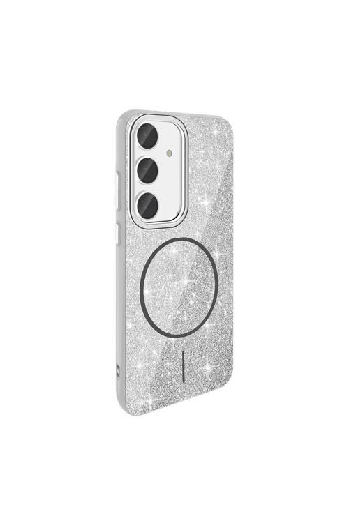 Galaxy S24 Fe Kılıf Magsafe Şarj Özellikli Parlayan Simli Zore Okso Kapak - Beyaz