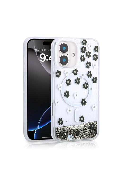 İphone 16 Uyumlu Kılıf Sıvılı Simli Baskılı Şeffaf Arka Yüzey Zore Mossa Silikon Kapak-Siyah