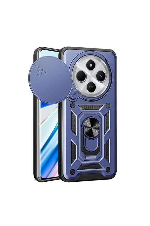 Xiaomi Redmi 14C 4G Uyumlu Magnetik Standlı Kamera Korumalı Zore Sürgülü Vega Kapak-Mavi