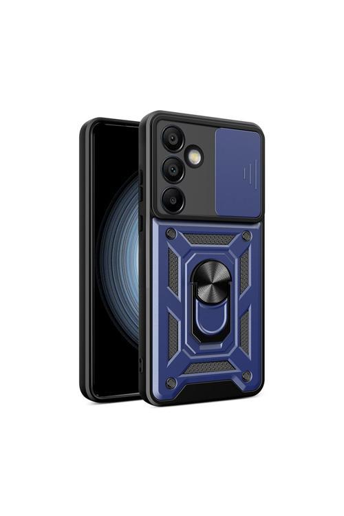 Galaxy S24 Fe Uyumlu Magnetik Standlı Kamera Korumalı Zore Sürgülü Vega Kapak-Mavi