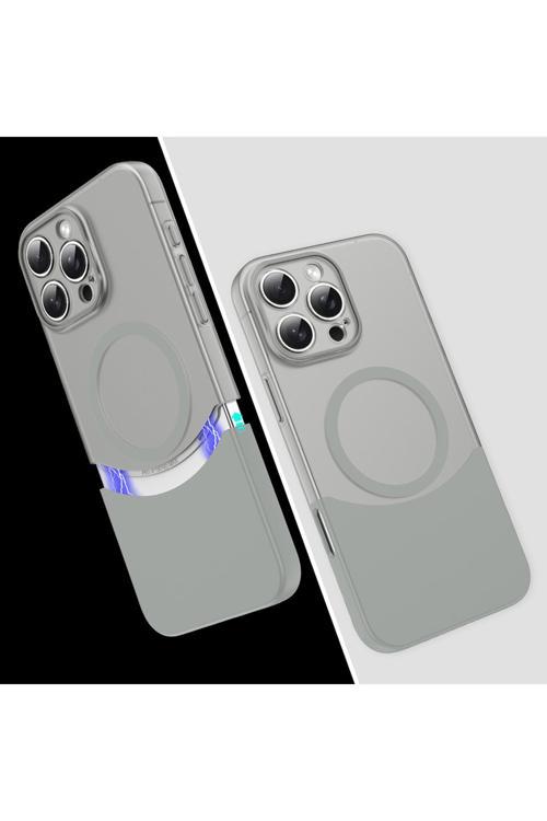 İphone 16 Pro Kılıf M-Safe Şarj Özellikli Mıknatıslı Kth Duble Kapak - Gri