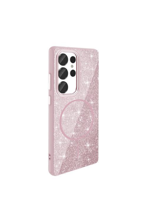 Galaxy S25 Ultra Kılıf Magsafe Şarj Özellikli Parlayan Simli Okso Kapak - Pembe
