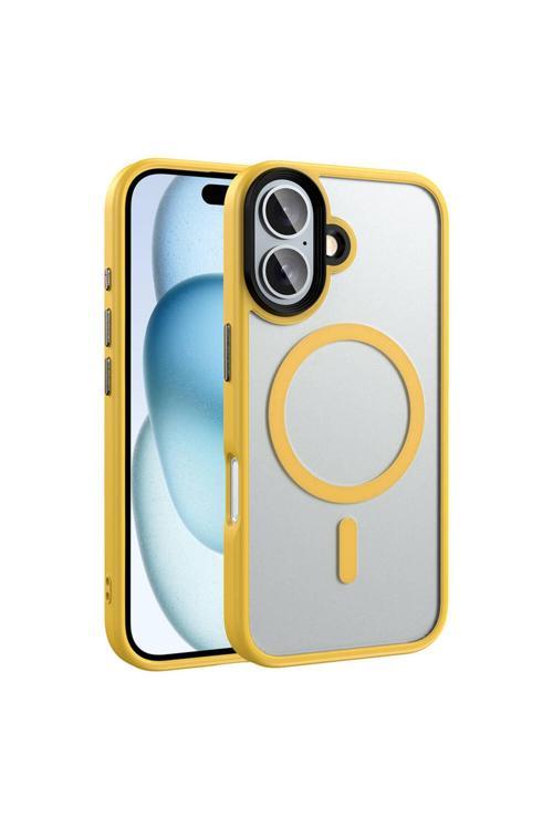 Apple İphone 16 Plus Kılıf Mat Arka Yüzey Wireless Şarj Özellikli Zore Flet Magsafe Kapak-Sarı