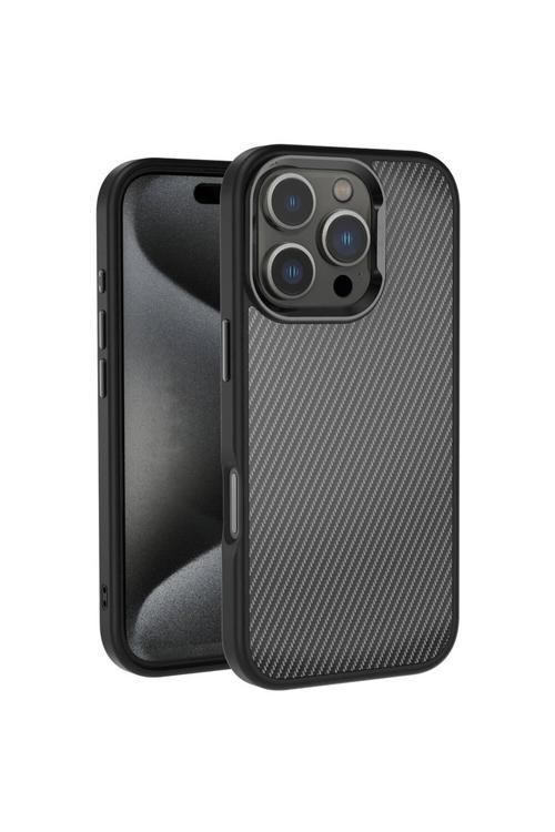 Apple İphone 16 Pro Kılıf Karbon Fiber Görünümlü Parlak Kamera Çerçeveli Venus Kapak-Siyah