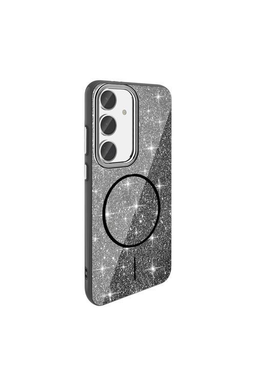 Galaxy S24 Fe Kılıf Magsafe Şarj Özellikli Parlayan Simli Zore Okso Kapak - Siyah