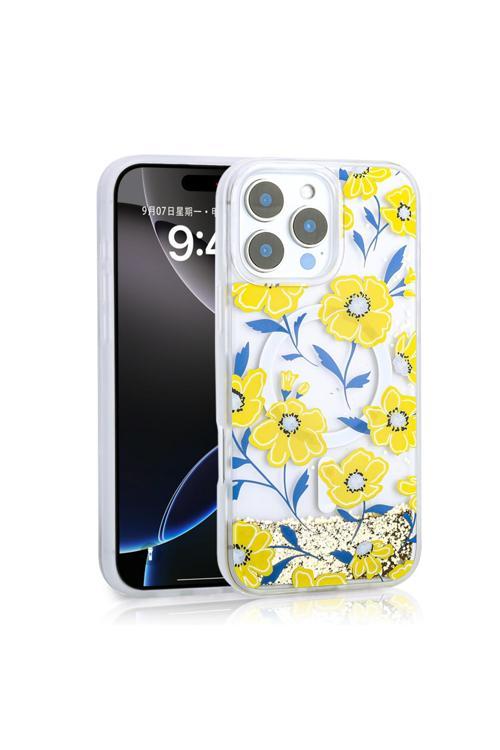 İphone 16 Pro Uyumlu Kılıf Sıvılı Simli Baskılı Şeffaf Arka Yüzey Zore Mossa Silikon Kapak-Sarı
